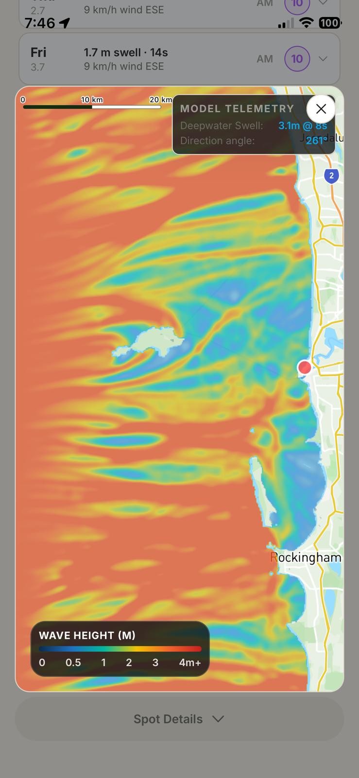Fathom map showing modelled wave energy around Rottnest and the Perth coast