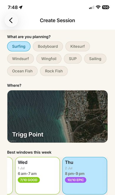 Fathom session planner with activity, spot and best time controls